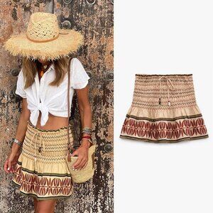 NEW Zara Boho Linen-Blend Embroidered Smocked Ruffle Mini Skort Skirt, Size XS